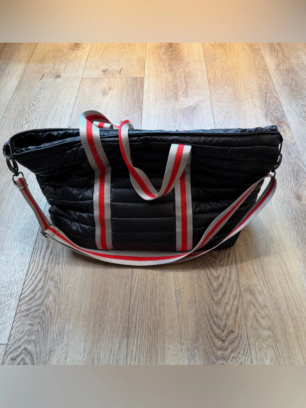 Think Royln Wingman Quilted Puffer Tote Black Red Silver Stripe